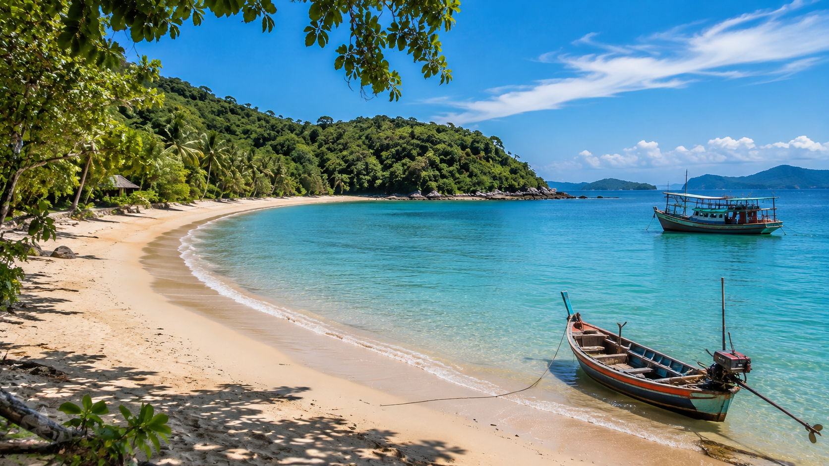 Turquoise bay with longtail boats beside a palm-lined beach